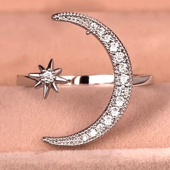 Ring Star & Moon Rhinestones Sparkle Silver Alloy Silver Hippie Earth Celeste - Picture 4 of 5